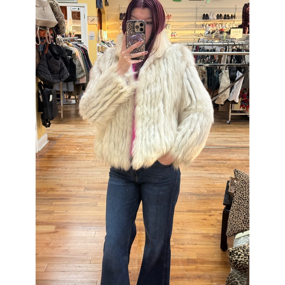 Real Blue Fox Fur Jacket Scandinavia Cream Grey Silver Large